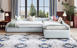 English Elm Upholstered Twin Daybed with Pull Out Trundle Linen Blend Sofa Style Studio Bed GX001316AAA