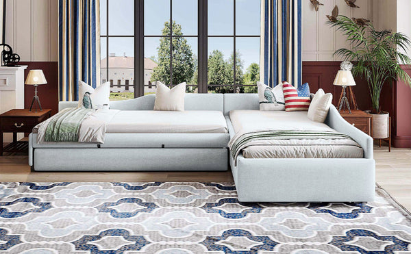 English Elm Upholstered Twin Daybed with Pull Out Trundle Linen Blend Sofa Style Studio Bed GX001316AAA