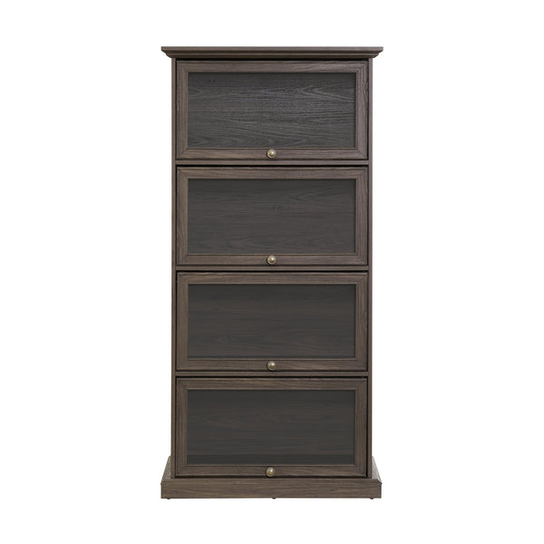 English Elm Glass 4-Tier Display Cabinet with Tempered Glass Doors, Flip-Up Access, Aluminum Frame, Elegant Chic Storage for Collectibles and Books Brown W2275P206601