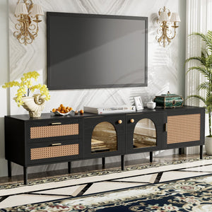 English Elm Rattan Black TV Stand with 3 Cabinets & 2 Rattan Drawers, LED Media Console, Cable Management, 80" N710P206015B