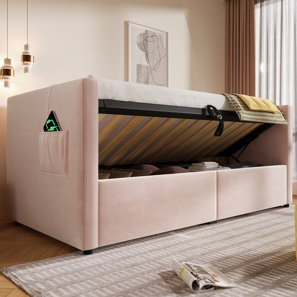 English Elm Upholstered Twin Daybed with Hydraulic Storage, Velvet Tufted Sofa Back, USB & Type-C Charging Port Pink N736P303402P