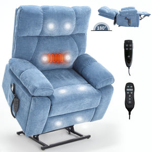 English Elm Beige Chenille Power Lift Recliner Dual Motor Massage Heat 350 Lb Capacity Blue W1803P264051