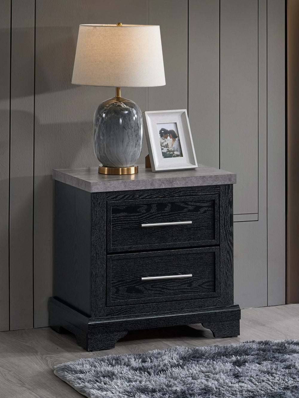 English Elm Grande Two Drawer Nightstand Black Laminate Faux Granite Top Brushed Chrome Bedroom B078P497912