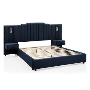 English Elm Queen Velvet Platform Bed with Tufted Headboard Integrated Nightstands and Striped Design Dark Blue W487S00442