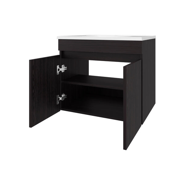 English Elm Wengue Floating Vanity with Integrated Basin, Dual-Door Wall-Mounted Cabinet, Dark Brown Compact Design (23.2" W, 17.3" D) B062P303927
