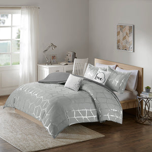 JLA Home Intelligent Design - Metallic Geometric Duvet Cover Set with Ultra-Soft Microfiber, Antimicrobial Finish & Decorative Pillows Grey/Silver ID12-1394