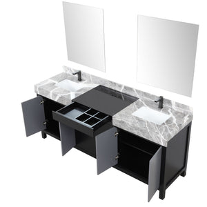 English Elm Black Double Bath Vanity 80" W With Castle Grey Marble Top, Gun Metal Faucets & Matching Mirrors B2731S01160