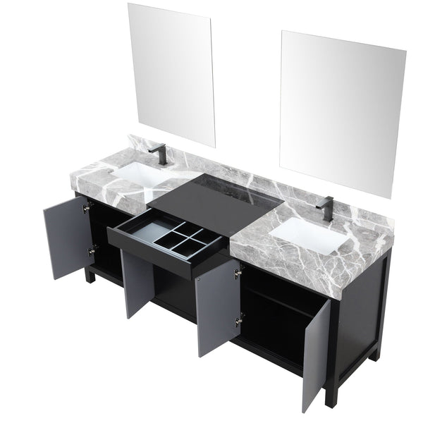 English Elm Black Double Bath Vanity 80" W With Castle Grey Marble Top, Gun Metal Faucets & Matching Mirrors B2731S01160