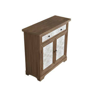 English Elm Rustic Boho Carved Accent Cabinet with Drawer & Removable Shelves, Distressed Sideboard Storage for Entryway W808P245579