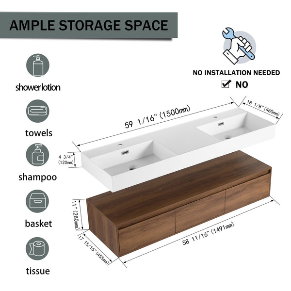 English Elm 60 Inch Wall-Mounted Bathroom Vanity With Dual Resin Sinks, Soft-Close Drawers & Modern Elegance W999S00259