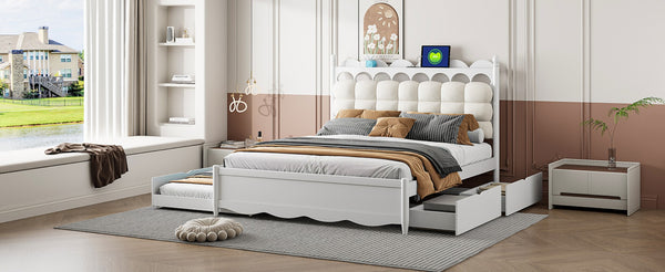 English Elm Queen Size Wooden Storage Platform Bed With Trundle, Usb Ports, And Spacious Drawers In White N820S00038K-GIGA
