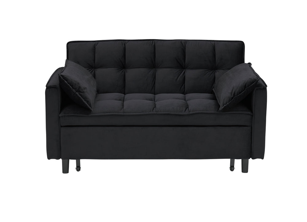 English Elm Modern Velvet Sofa Pull-Out Bed 3-in-1 Convertible Love Seat with Pillows, Spacious 500lb Support Black W3371P315001