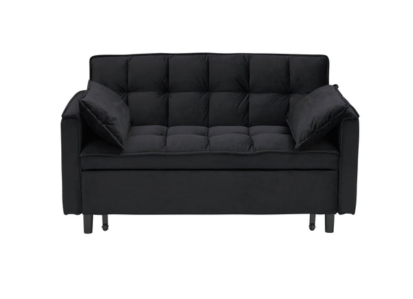 English Elm Modern Velvet Sofa Pull-Out Bed 3-in-1 Convertible Love Seat with Pillows, Spacious 500lb Support Black W3371P315001