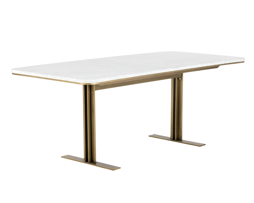 Sunpan Ambrosia 79" Art Deco Dining Table with White Marble Top & Antique Brass Base, Seats 6 Comfortably