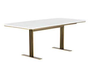 Sunpan Ambrosia 79" Art Deco Dining Table with White Marble Top & Antique Brass Base, Seats 6 Comfortably