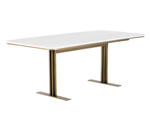 Sunpan Ambrosia 79" Art Deco Dining Table with White Marble Top & Antique Brass Base, Seats 6 Comfortably