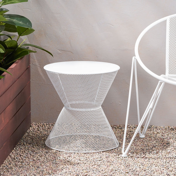 English Elm Christopher Knight Home® - NEVADA Side Table with Breezy Mesh Iron Design, Rounded Silhouette for Timeless Outdoor Living Space Matte White 65459.00WHI