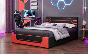 English Elm Modern Cyberpunk Queen Platform Bed Hydraulic Storage Pu Upholstered Gaming Frame Black+Red SF000205AAJ
