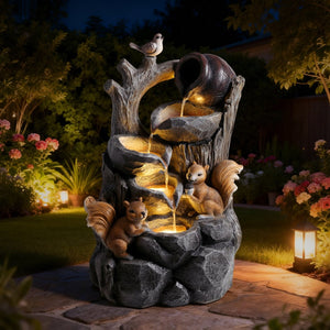 English Elm Squirrel Resin Tree Stump Outdoor Water Fountain with Led Lights Garden Patio Decor W5397P454718