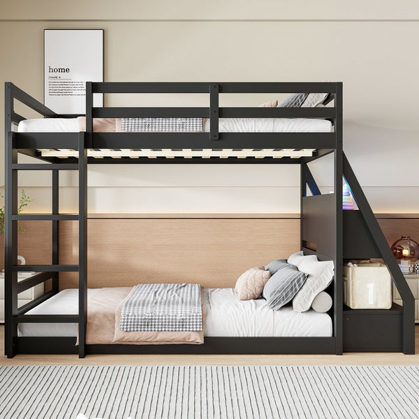 English Elm Full Bunk Bed with App Led Lighting Usb Charging Storage Drawers Kids Bedroom Black N820S00080B