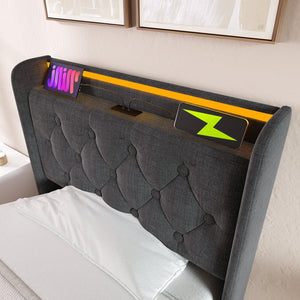 English Elm Twin Upholstered Bed with Hydraulic Storage, Surround LED, App/Remote Control & USB Type-C Charging Gray N736P188805G