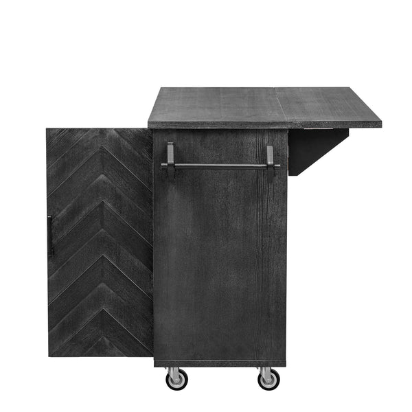 English Elm K&K Farmhouse Kitchen Island with 3D Wave Stripes Ash Veneer, Drop Leaf, Rolling Cart Storage Black N707P207915B
