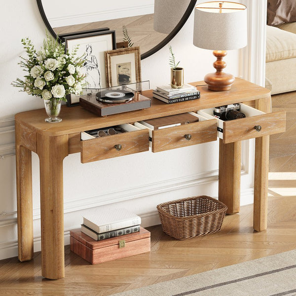 English Elm TREXM Rustic Console Table with Rounded Corners, 3 Concealed Drawers, Sturdy Thick Legs for Hallway Natural N715P361525N