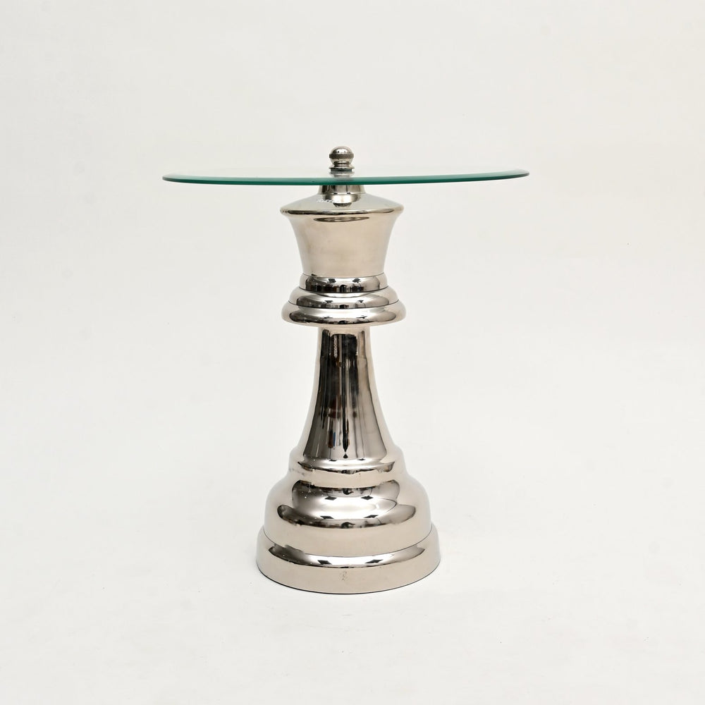 English Elm Decorative Nickel Finished Aluminum Accent Table – Queen Chess Piece Design With Glass Top, 18" Diameter B346P324837