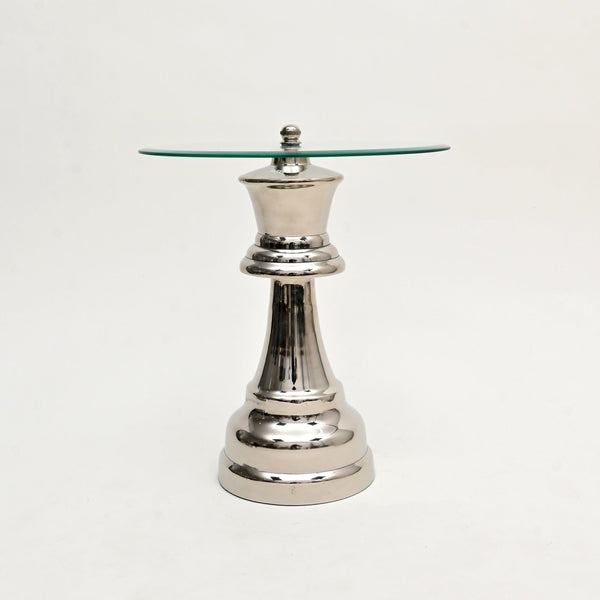 English Elm Decorative Nickel Finished Aluminum Accent Table – Queen Chess Piece Design With Glass Top, 18" Diameter B346P324837