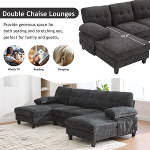English Elm U-shaped Chenille Sectional Sofa with Dual Chaise Lounges, Tufted Back, Storage Pockets & Pillows Black N719S002040B