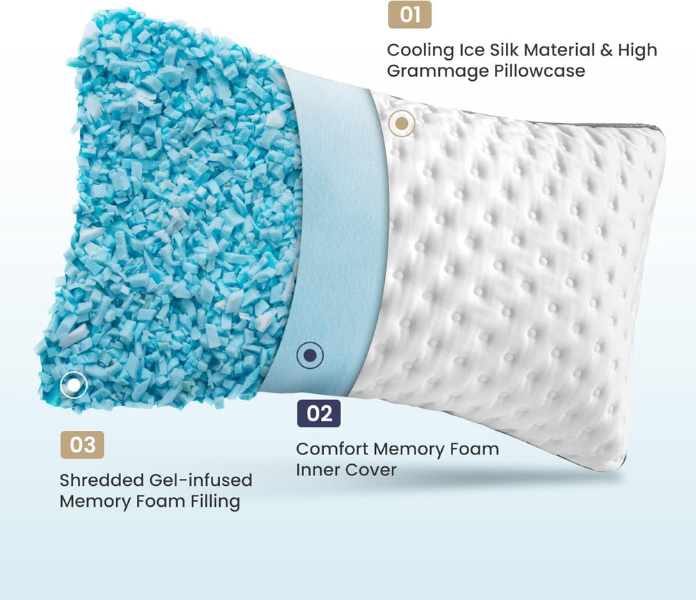 English Elm Cooling Queen Pillow Set with Gel Memory Foam Ice Silk Cover Medium Firm Support B2716P366611