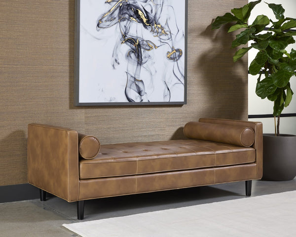 Sunpan DONNIE Bench - Tobacco Tan Faux Leather with Black Birch Base, Stylish Mid-Century Design for Any Space 108572