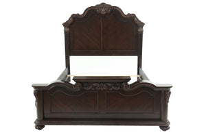 English Elm Traditional Queen Bed Scalloped Crown Headboard Carved Scrollwork Antique Cherry Finish B011S02134