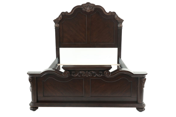 English Elm Traditional Queen Bed Scalloped Crown Headboard Carved Scrollwork Antique Cherry Finish B011S02134