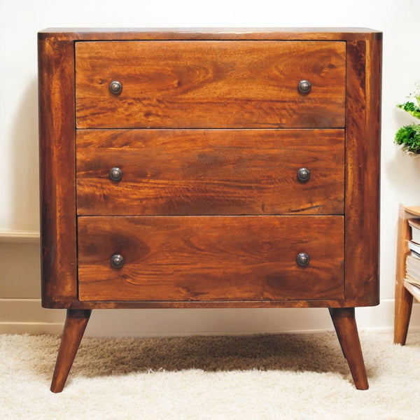 English Elm Bera Solid Wood Chest of Drawers in Chestnut Finish with Brass Knobs, 3 Spacious Drawers, Modern B182P294952