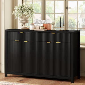 English Elm Modern Wave-Pattern Sideboard Cabinet with 2 Drawers 4 Doors 3 Adjustable Shelves Aluminum Handles Stylish Storage for Entryway and Living Room Black N711P269068B