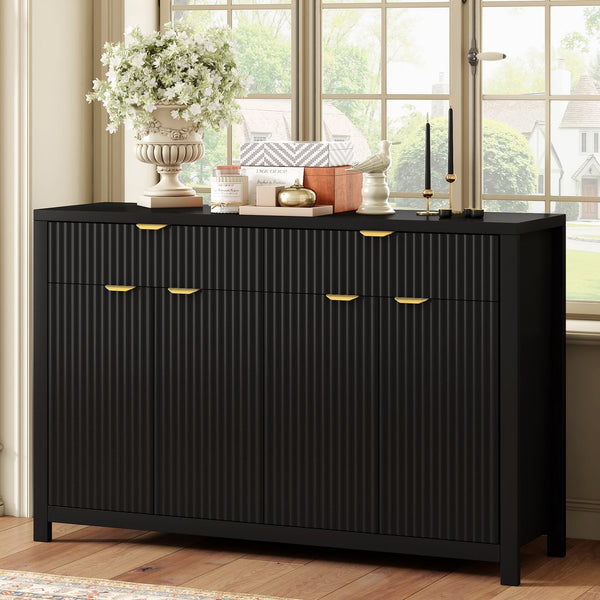 English Elm Modern Wave-Pattern Sideboard Cabinet with 2 Drawers 4 Doors 3 Adjustable Shelves Aluminum Handles Stylish Storage for Entryway and Living Room Black N711P269068B