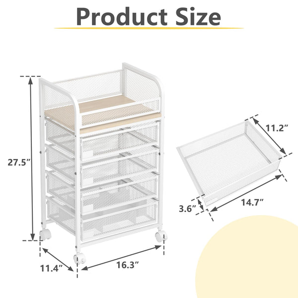 English Elm Makeup Organizer 4-Drawer Rolling Cart with Dividers & Brakes, 360° Wheels, Durable MDF Steel White T3210P392612