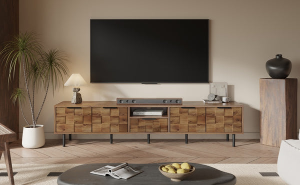 English Elm 78" TV Stand Checkered Natural Wood Finish with Soft-Close Doors, Deep Drawer & Open Shelf Storage N710P293272P