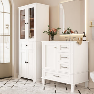 English Elm 67.57" Tall Matte Cabinet Vanity Combo with Glass Doors Soft-close Drawers Sink White N729P000033K