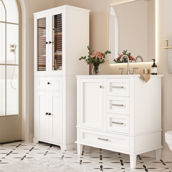 English Elm 67.57" Tall Matte Cabinet Vanity Combo with Glass Doors Soft-close Drawers Sink White N729P000033K