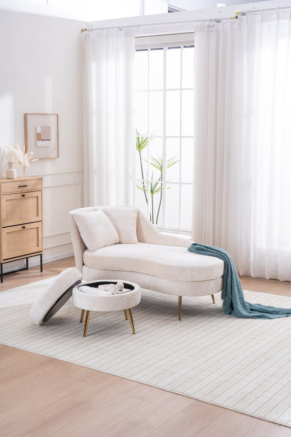 English Elm 58'' Chenille Chaise Lounge with Footstool Pocket Spring Comfort for Bedroom Living Room Beige W2363S00087