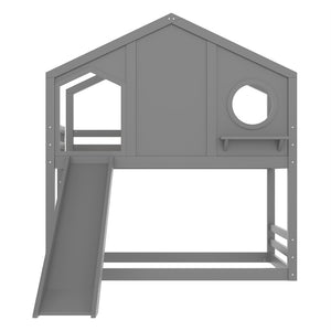 English Elm Full Bunk Bed with Trundle Bookshelf Storage Pine Frame Car Design for Kids Gray W1580S00465