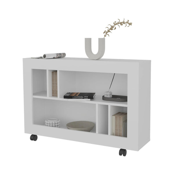 English Elm White Console Table With 6 Open Shelves - Stylish Melamine Design For Modern Entryways & Living Rooms B062P290247-GIGA