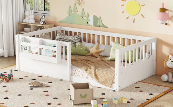 English Elm Twin Low Profile Kids Floor Bed Pine Wood Frame with Safety Rail and Built in Bookshelf White W1580P373134