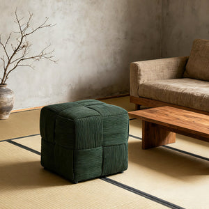 English Elm Ottoman Plush Corduroy Round Footrest Stool with High‑Resilience Foam, Sturdy MDF Frame, Versatile Use Green W3851P369741