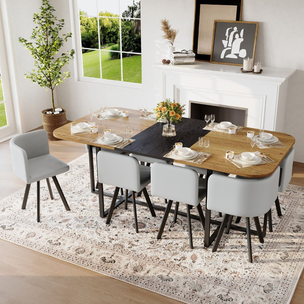 English Elm 9-piece Square Dining Set Two-tone Wood Grain Table with Gray Pu Leather Chairs W3875S00138