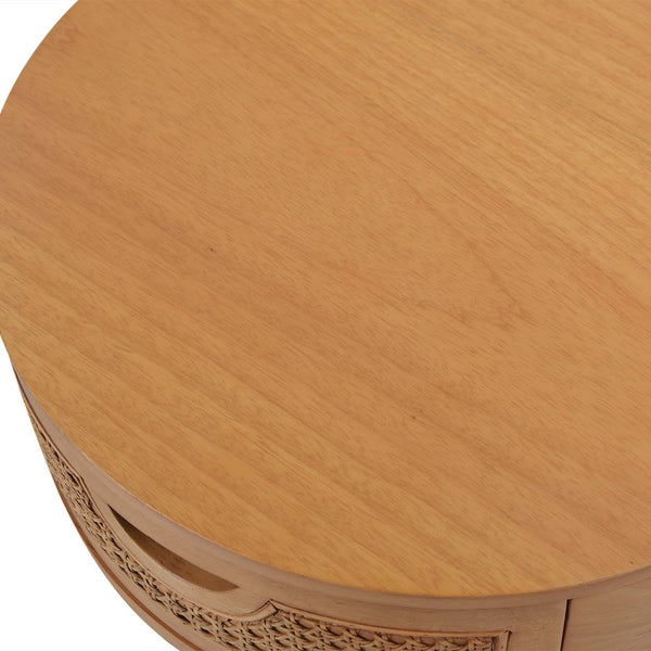 English Elm Jennifer Taylor Home - Cabana Natural Brown Oak 18" Round Cane Rattan Storage Side Table with Drawer & Wood Finish B2719P238487
