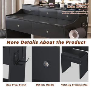 English Elm New Large Mirror Vanity Desk with 5 Drawers, Built-In Outlet & Hairdryer Holder, 3-Mode LED Lighting Black W509P339033