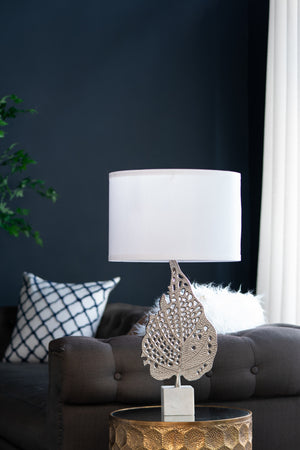 English Elm D15x29.3" Marble Base Table Lamp with Nickel Leaf Accent, White Drum Shade, Modern Accent Light W2078P399243